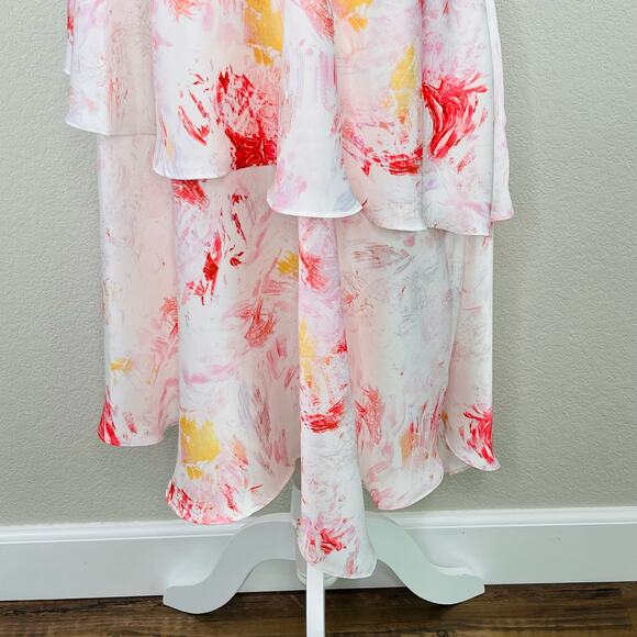 BCBGMaxAzria Asymmetric Tiered Satin Multi Pink White Marbled Midi Skirt Medium - Picture 7 of 13